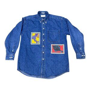 Wendy Shaft Hand Tailored Vtg SDI Denim Button Up Shirt Fish Patchwork Alaska M